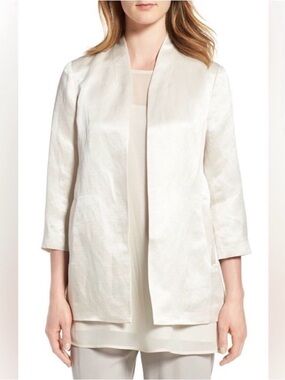 NWT Eileen Fisher Bone Color Organic Linen Silk Satin Open Front Jacket Size XL